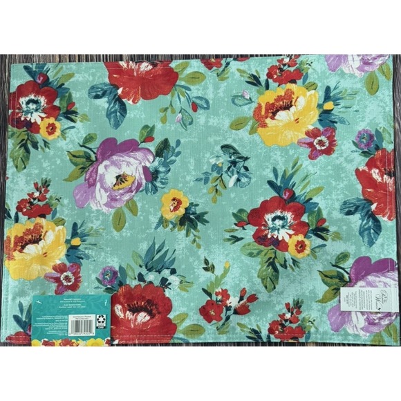 Pioneer Woman Sweet Romance Placemats Reversible Floral Gray Check Set of 4 New - Picture 3 of 5